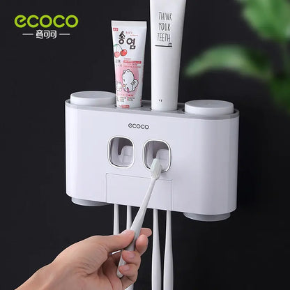 Wall Mount Automatic Toothpaste Dispenser & Toothbrush Holder Set