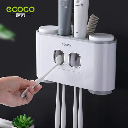 Wall Mount Automatic Toothpaste Dispenser & Toothbrush Holder Set