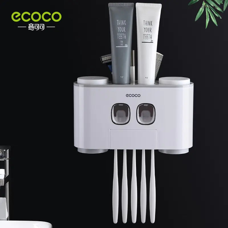 Wall Mount Automatic Toothpaste Dispenser & Toothbrush Holder Set