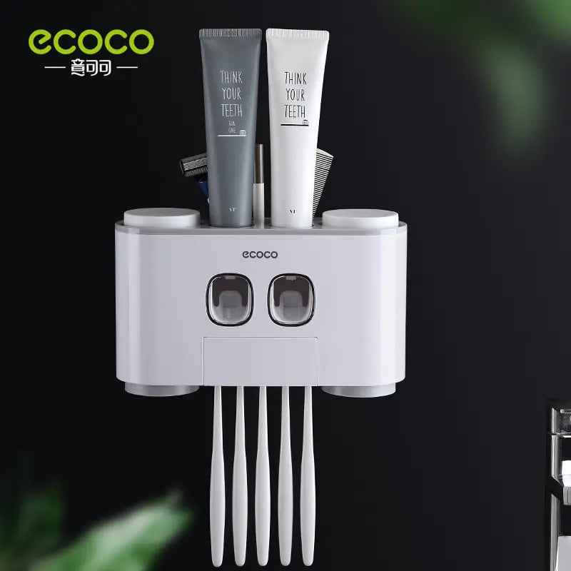 Wall Mount Automatic Toothpaste Dispenser & Toothbrush Holder Set